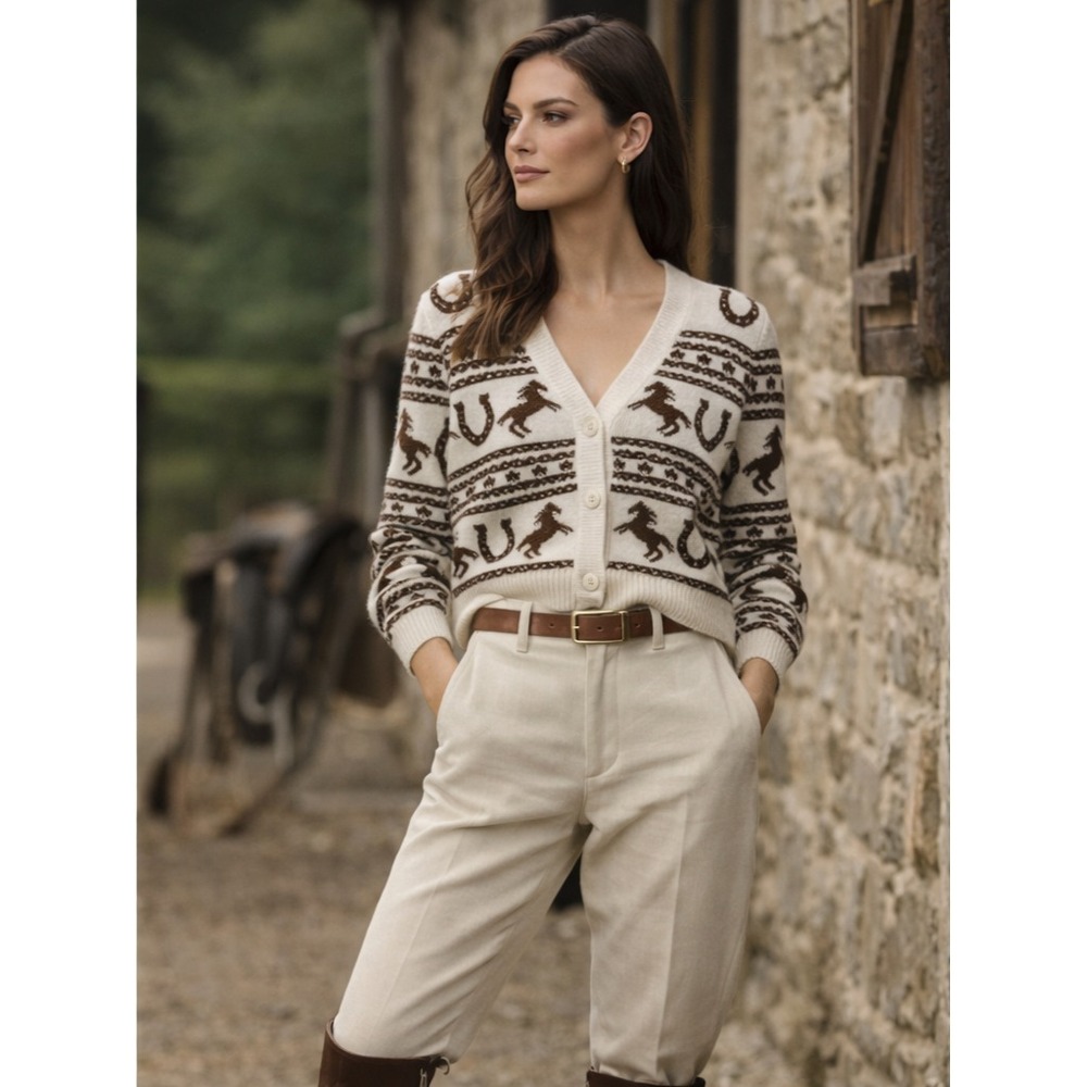 Nicole Miller Equestrian Horse Cardigan Womens Medium Southwestern Knit NWT